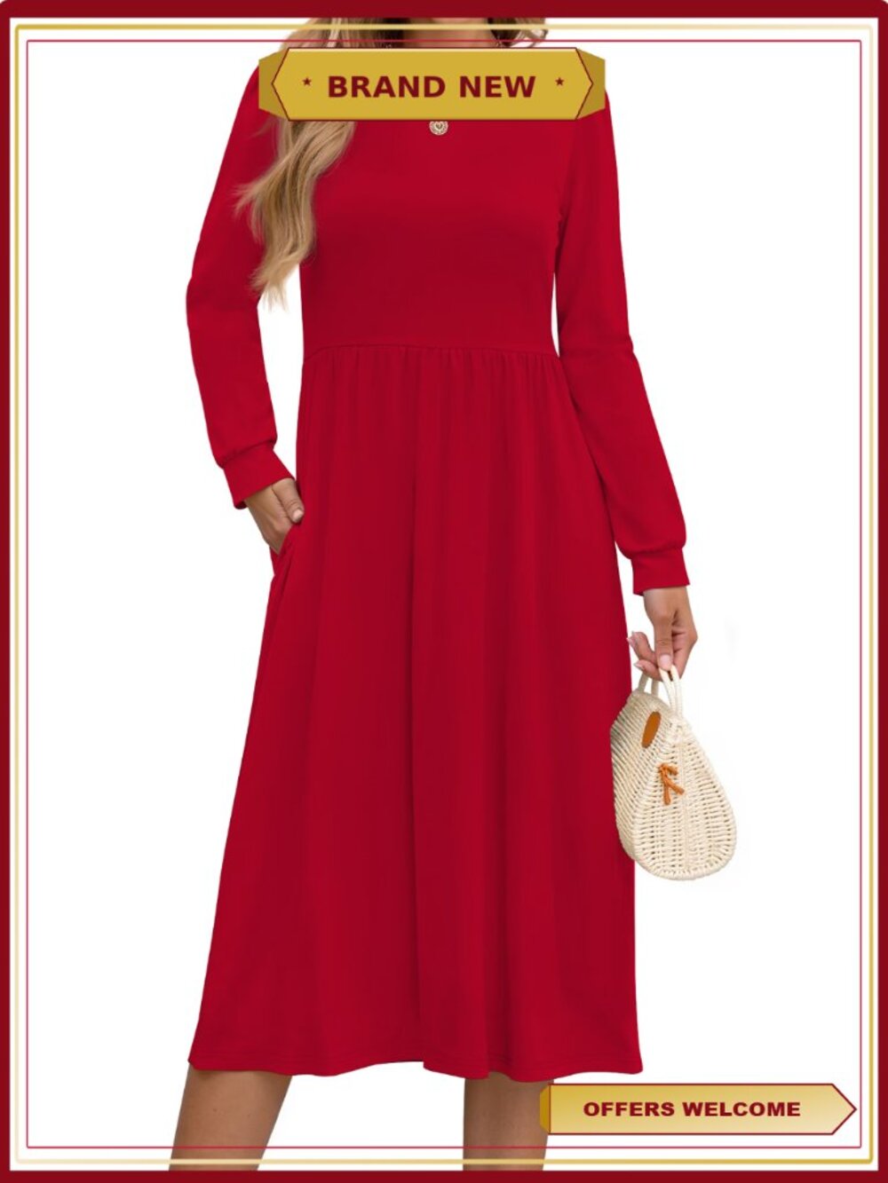 Women Floral Midi Dress Long Sleeve Flowy Casual Fall Dress with Pockets